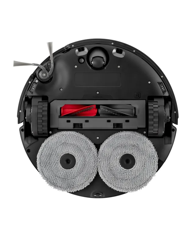 Partea inferioară a robotului aspirator Saros 20, cu mopuri rotative și roți.