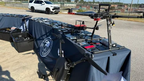 Drone folosite pentru livrări ilegale în închisori, expuse pe o masă.