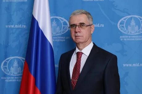 Ambasadorul Rusiei la București, Vladimir Lipaev, în fața steagului rus.