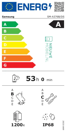 Eticheta energetică pentru Galaxy A37 cu autonomie de 53 ore.