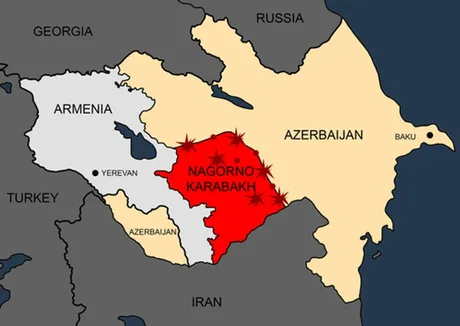 Harta regiunii Nagorno-Karabakh, evidențiind conflictele teritoriale.