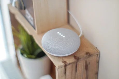 Dispozitiv Google Home pe un suport din lemn, cu plante decorative în fundal.