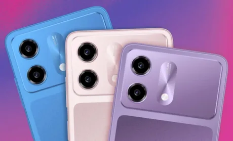 Trei telefoane Vibe 2 5G în culori diferite, cu module foto distincte.