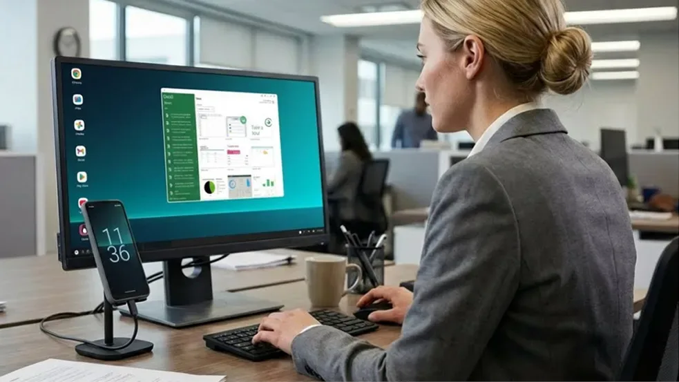 Utilizator la birou folosind NexPhone conectat la monitor.