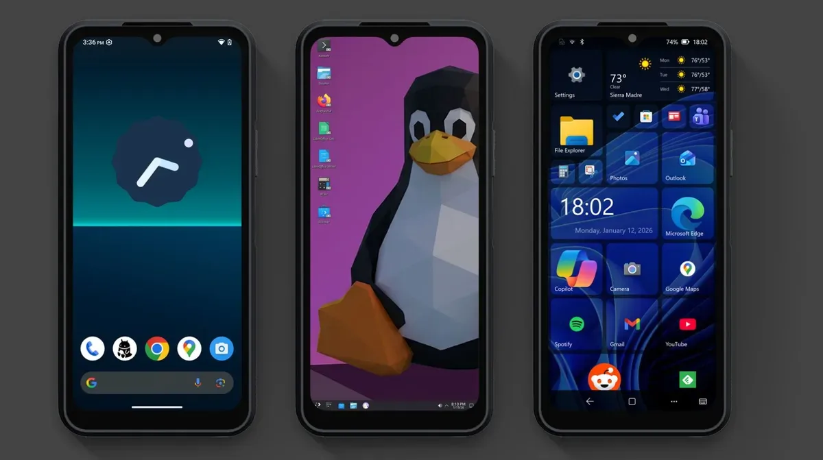 Trei interfețe de operare pe NexPhone: Android, Linux, Windows.