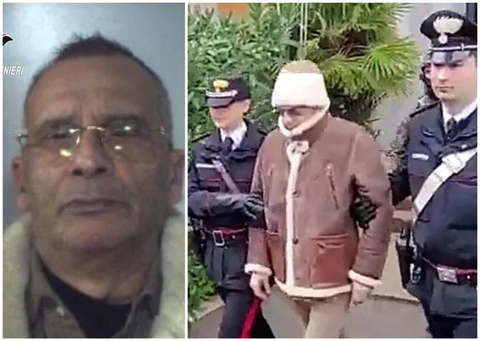 Persoane în uniformă escortând un suspect în fața unui tribunal.