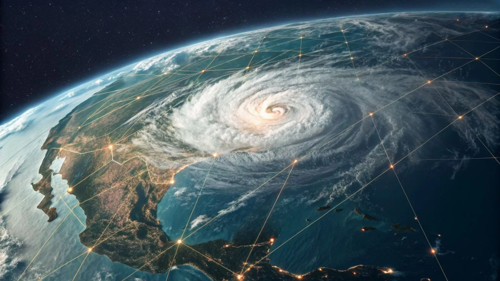 Vedere din spațiu a unui uragan și rețele de date meteorologice.