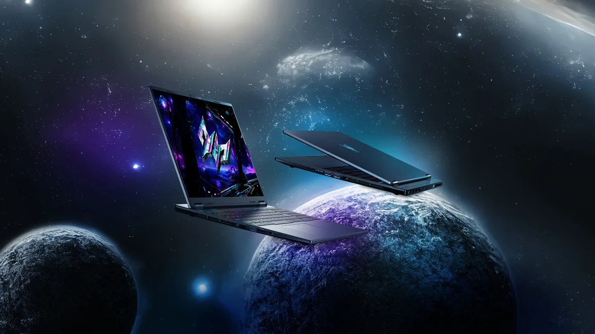 Laptop gaming Predator Helios Neo într-un peisaj cosmic futurist.