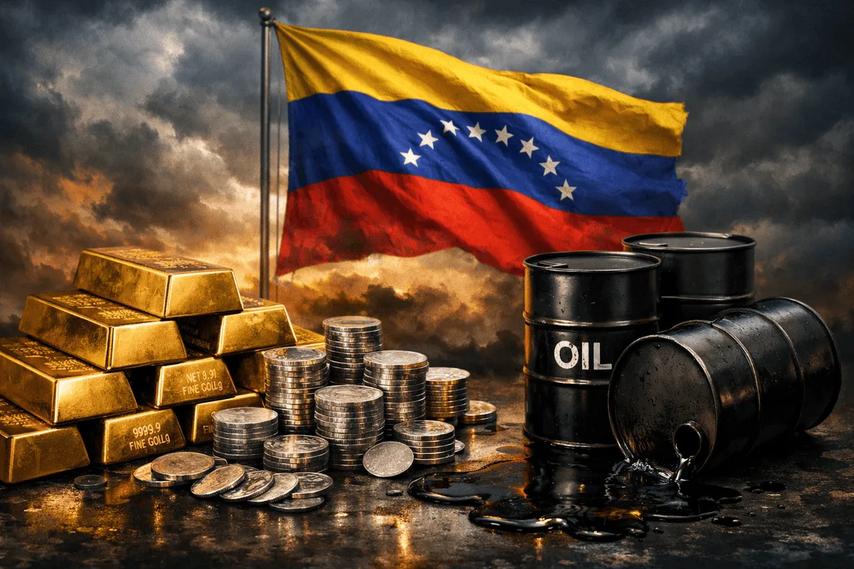 Lingouri de aur și butoaie de petrol cu steagul Venezuelei în fundal