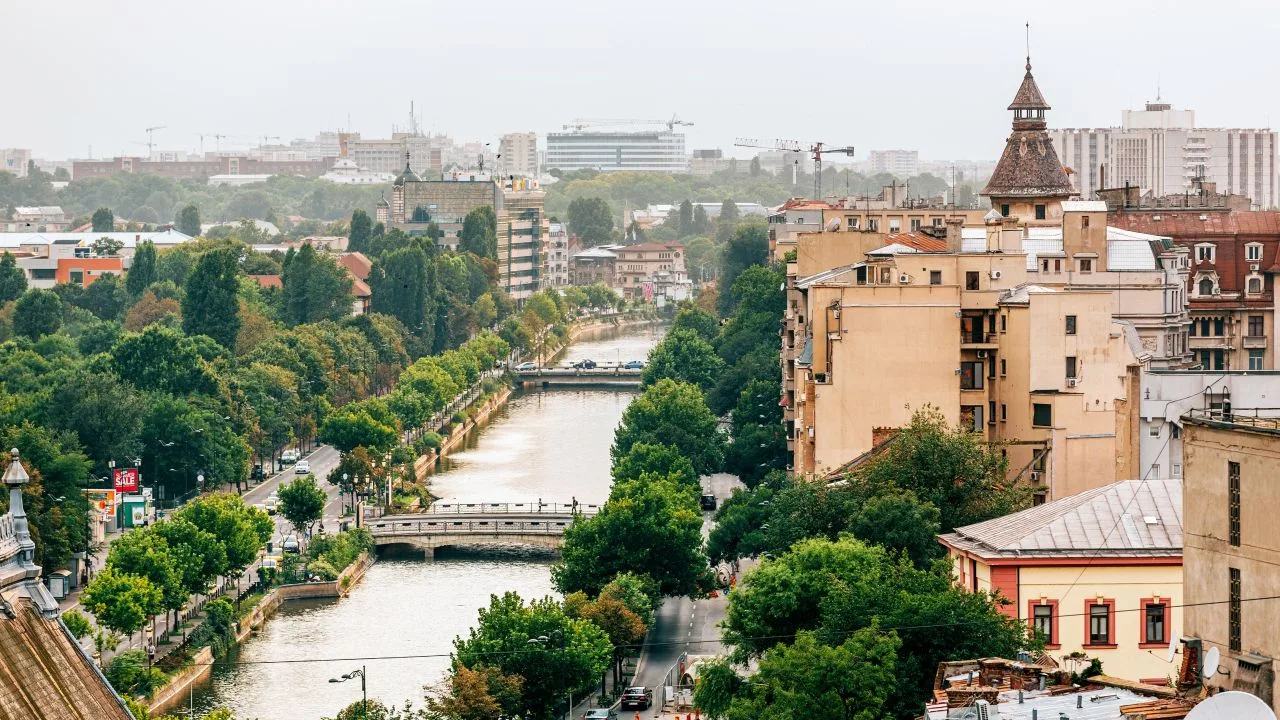 Vedere panoramică a unui oraș cu clădiri și un râu, înconjurat de copaci.