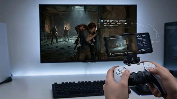 Concept de controller DualSense cu smartphone atașat pentru jocuri inovatoare.