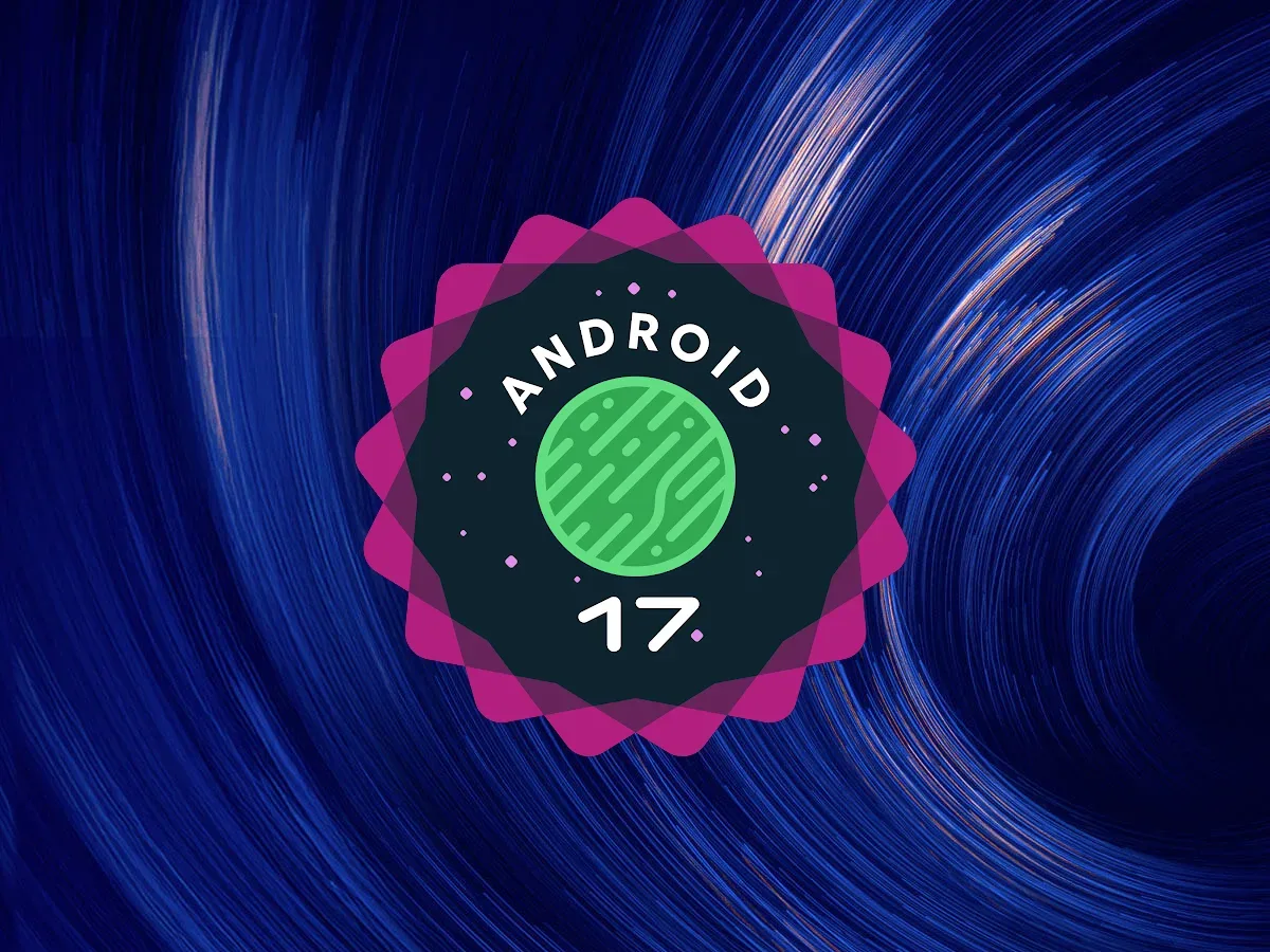 Logo-ul Android 17 pe un fundal abstract, simbolizând inovația tehnologică.