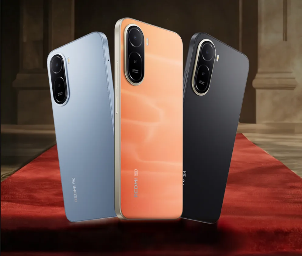 Xiaomi Redmi A7 Pro 5G în trei culori, cu design modern și ecran mare.