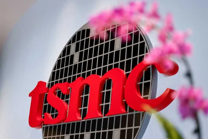 Logo TSMC pe fundal alb, cu flori în prim-plan.