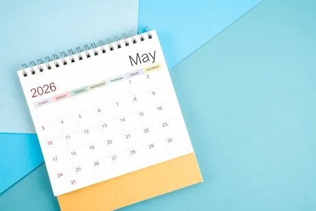 Calendarul lunii mai 2026, evidențiind ziua de 1 Mai.