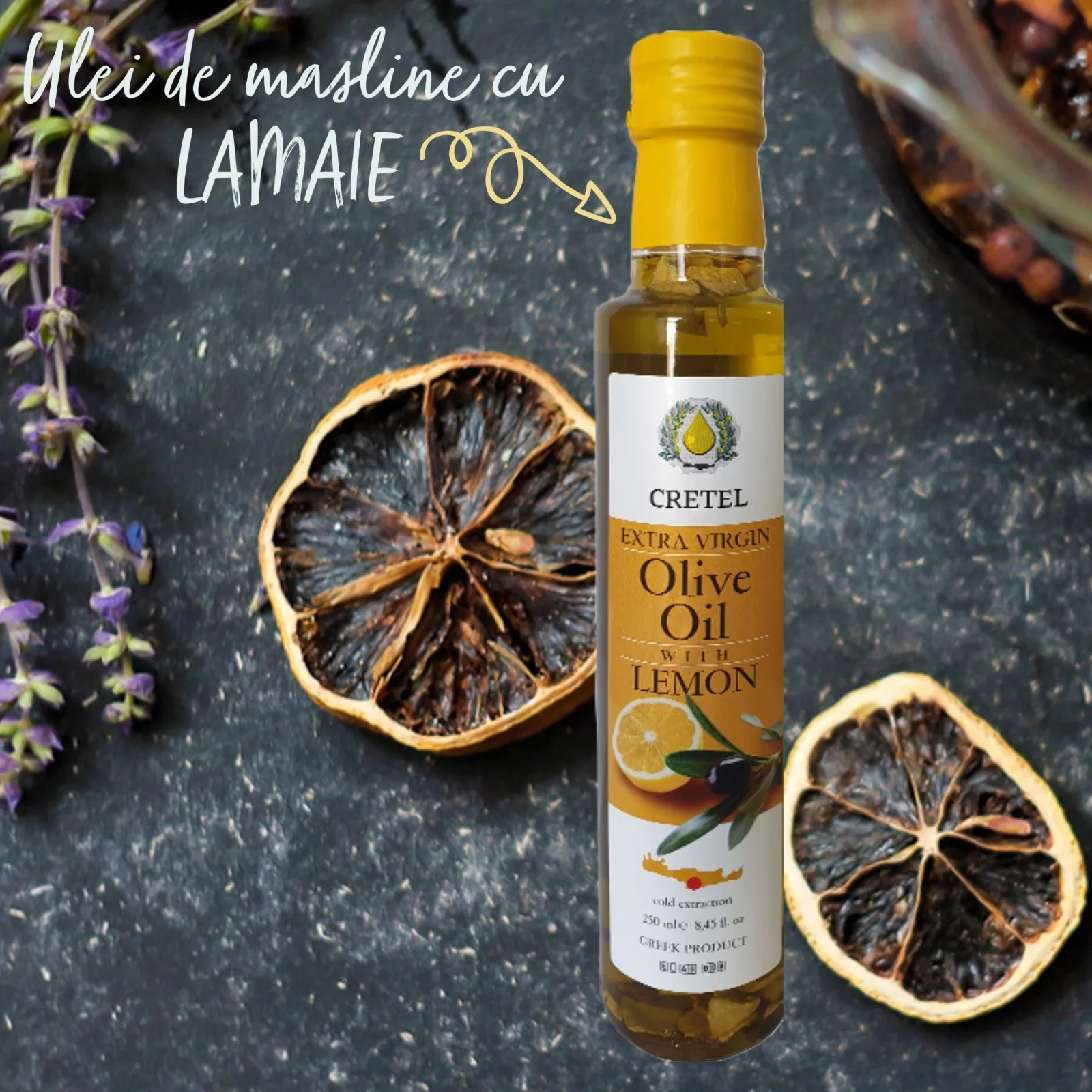 Ulei de măsline cu lămâie, ingredient sănătos pentru o dietă echilibrată.