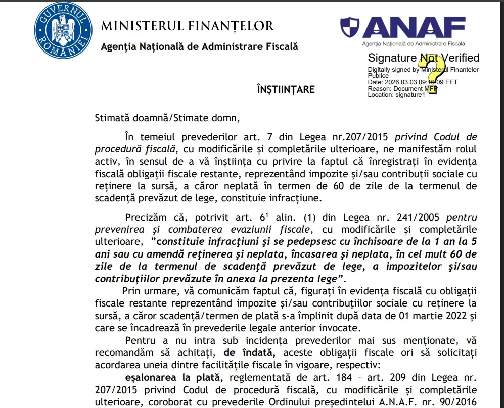 Notificare ANAF care generează confuzie în rândul antreprenorilor români.