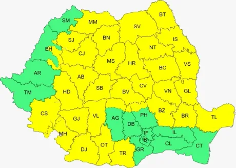 Harta României cu zone afectate de cod galben de vânt.