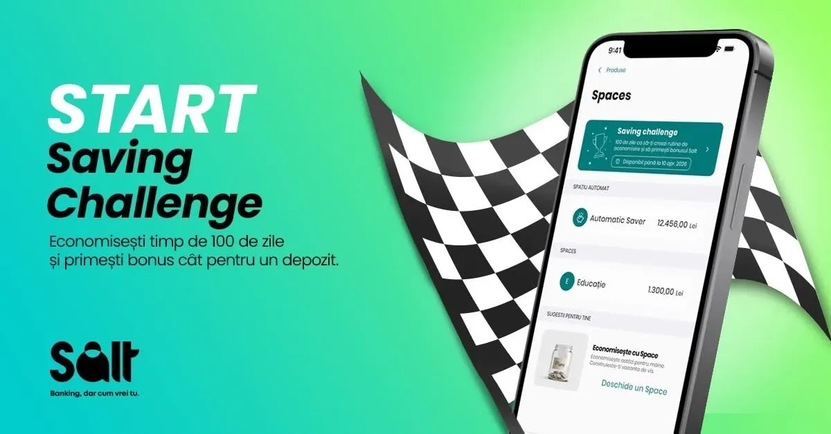 Aplicația Salt Bank pentru provocarea de economisire zilnică pe 100 de zile.