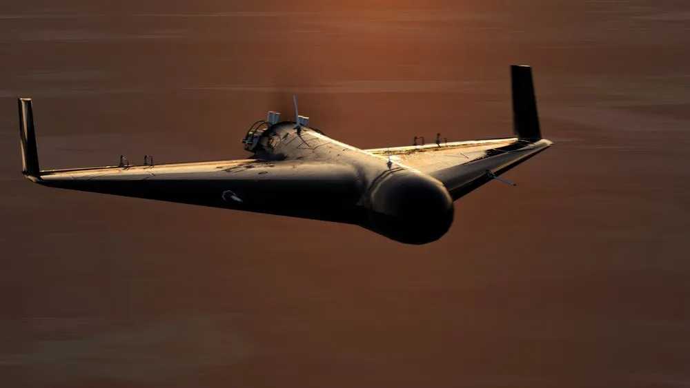 Dronă Shahed zburând pe un fundal de apus, simbolizând riscurile pentru securitate.