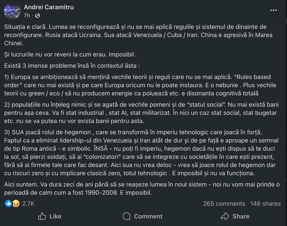 Andrei Caramitru discutând despre instabilitatea geopolitică actuală.