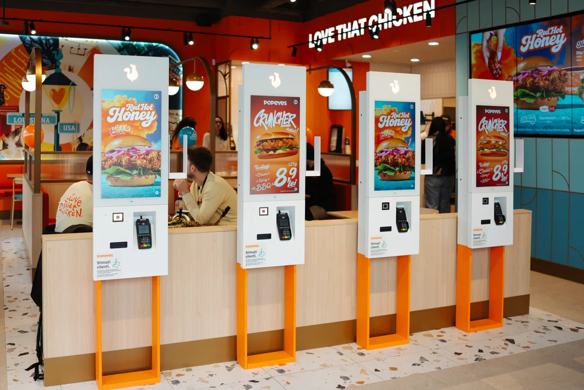 Interior modern al restaurantului Popeyes din Florești, Cluj.