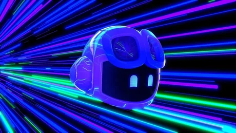 Un cap de robot futurist pe un fundal colorat și dinamic.