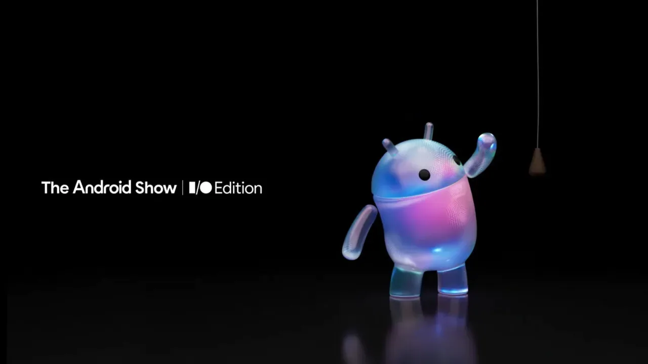 Mascota Android cu un design semitransparent pe fundal negru.