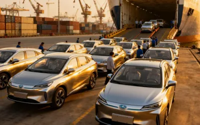 Autoturisme chinezești pregătite pentru export în port.