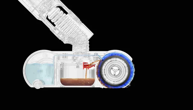 Secțiune transversală a aspiratorului PencilWash, arătând sistemul de curățare.