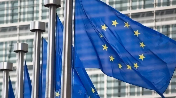 Steaguri ale Uniunii Europene fluturând în fața unei clădiri moderne.