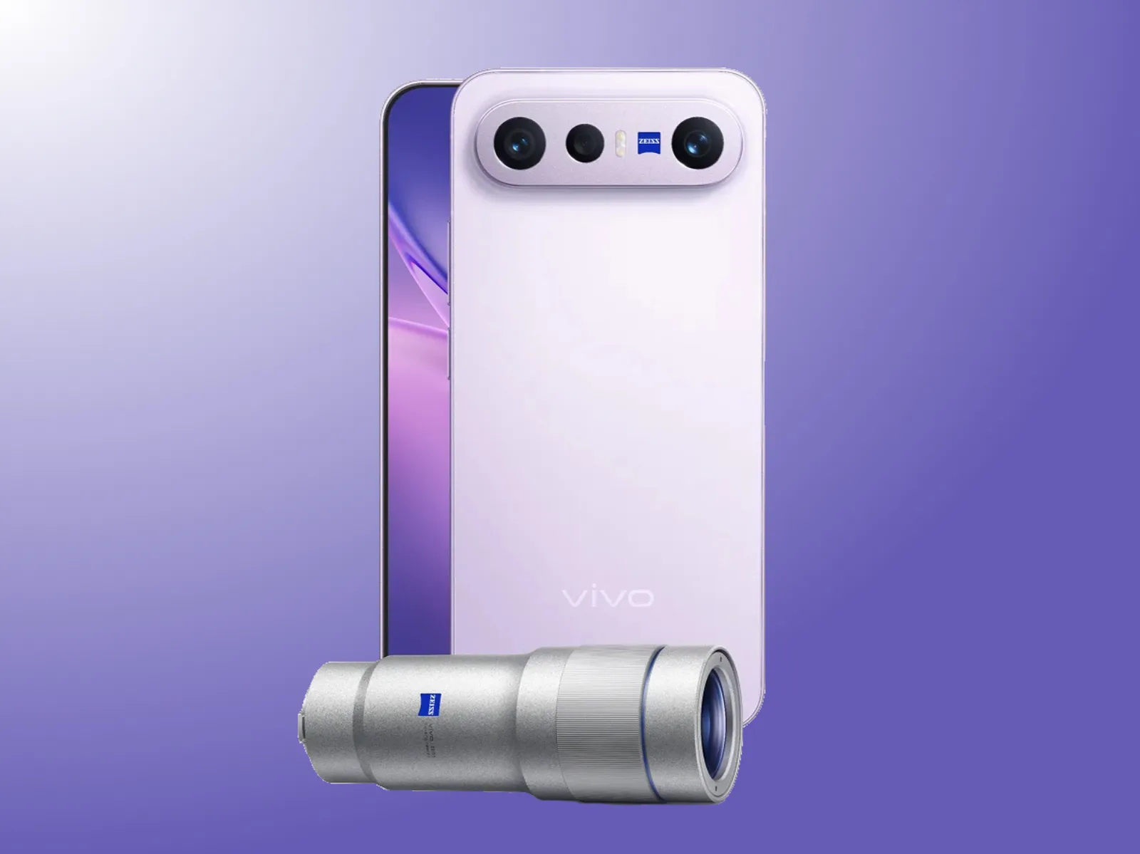 Vivo X300 FE în nuanța Mist Purple, cu un teleconverter alături.