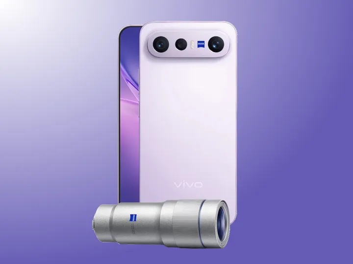 Vivo X300 FE în nuanța Mist Purple, cu un teleconverter alături.