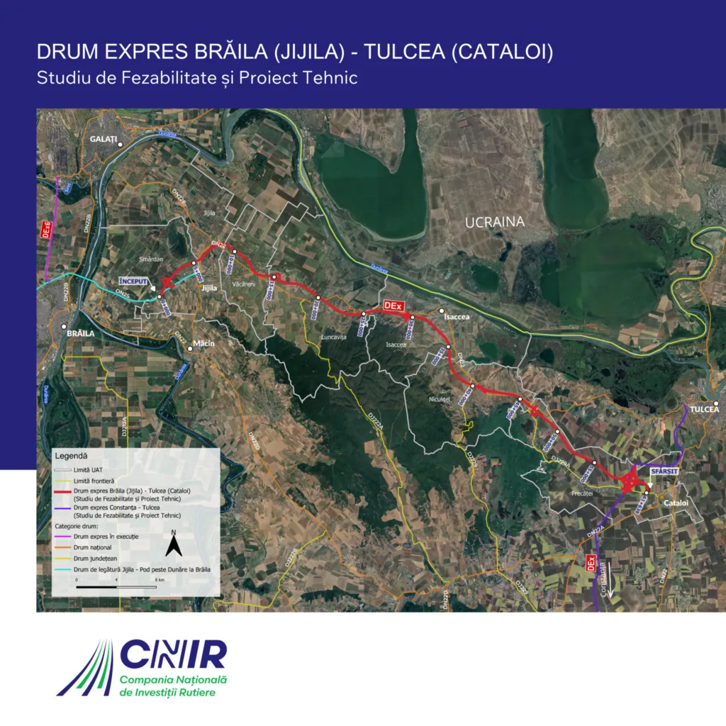 Harta proiectului Drumul Expres Brăila–Tulcea, evidențiind traseul și structurile planificate.