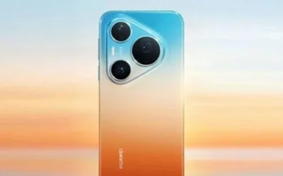 Un smartphone Huawei cu trei camere, pe fundal de apus colorat.