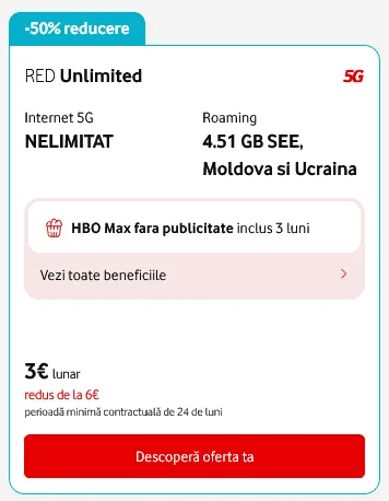 Ofertă Vodafone RED Unlimited cu reducere de 50% la portare