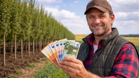 Fermier cu bancnote euro, în fața unei plantații de copaci.