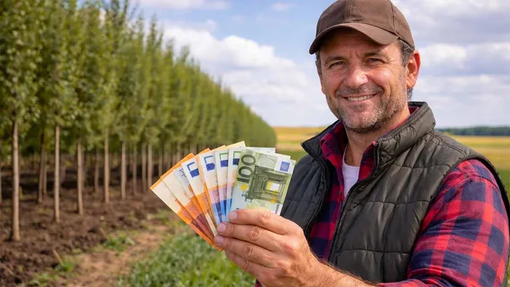 Fermier cu bancnote euro, în fața unei plantații de copaci.