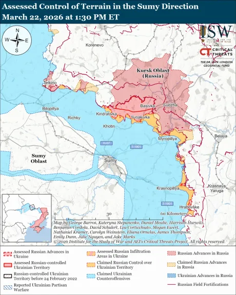 Harta detaliată a controlului teritoriului în direcția Sumy, martie 2026.