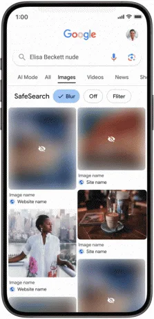 Rezultate Google cu imagini blurate pentru protecția datelor.