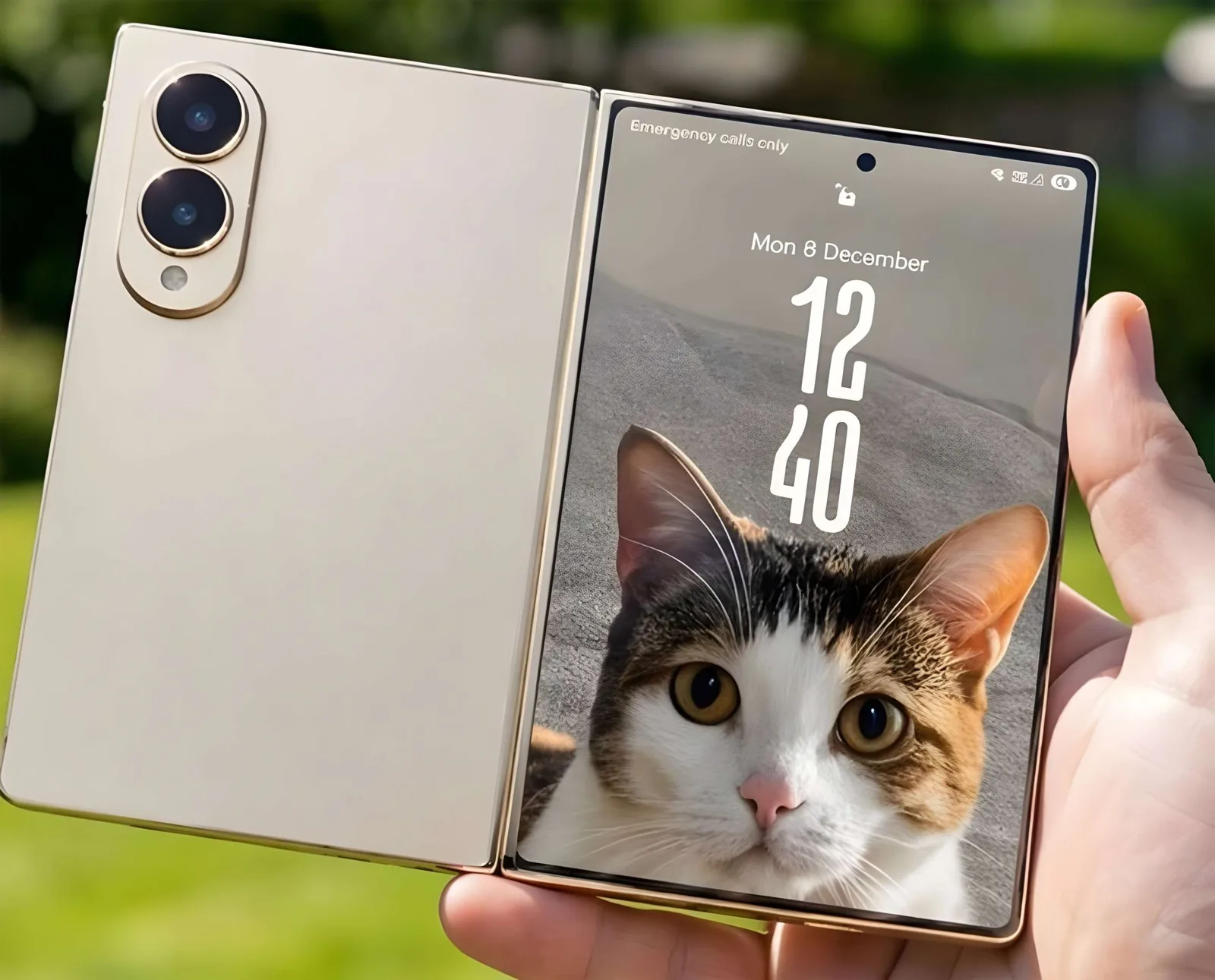 Un telefon pliabil deschis, cu un fundal natural și un ecran personalizat.