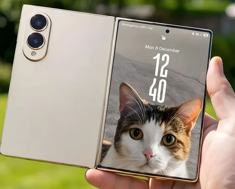 Un telefon pliabil deschis, cu un fundal natural și un ecran personalizat.
