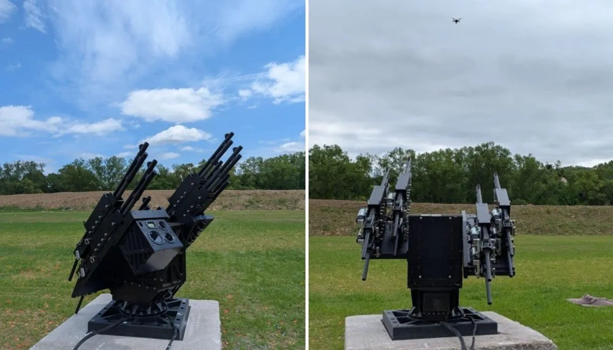 Sistem anti-dronă automatizat cu puști, pregătit pentru demonstrații la Eurosatory.