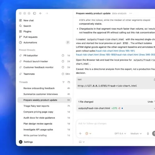 Interfața aplicației Codex cu opțiuni pentru automatizarea sarcinilor pe computer.