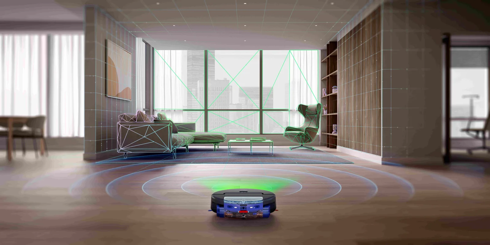 Robot de curățare inteligent în interiorul unei camere moderne, cu tehnologie avansată.