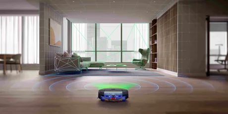 Robot de curățare inteligent în interiorul unei camere moderne, cu tehnologie avansată.