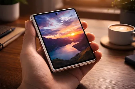 Un telefon pliabil cu un peisaj frumos pe ecran, ținut în mână.