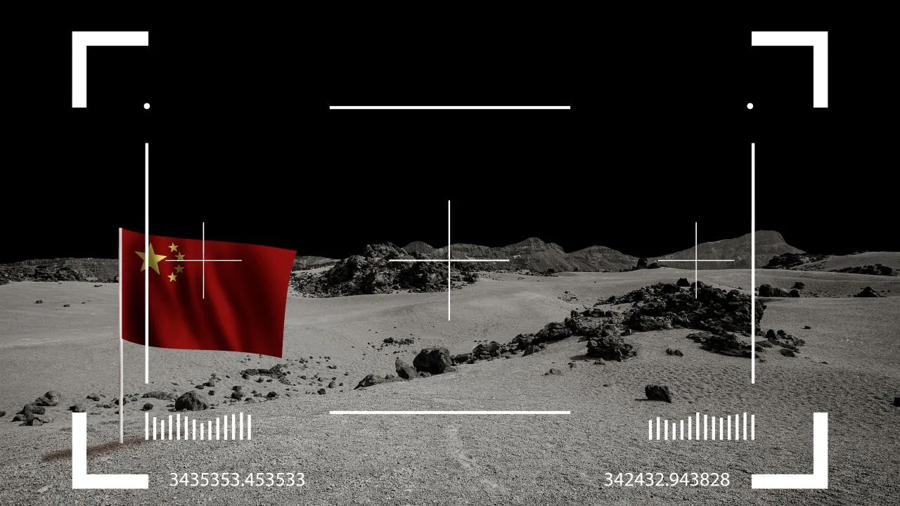 Steagul Chinei pe Lună, simbolizând progresele în cercetarea mineralogică.