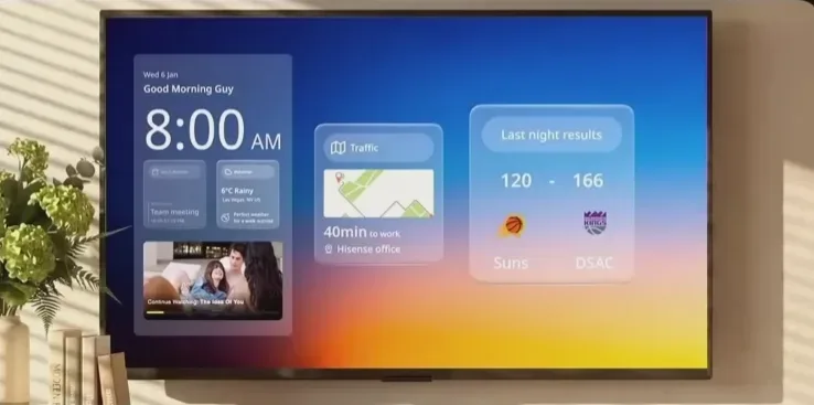 Televizor Hisense cu interfață modernă și informații utile.