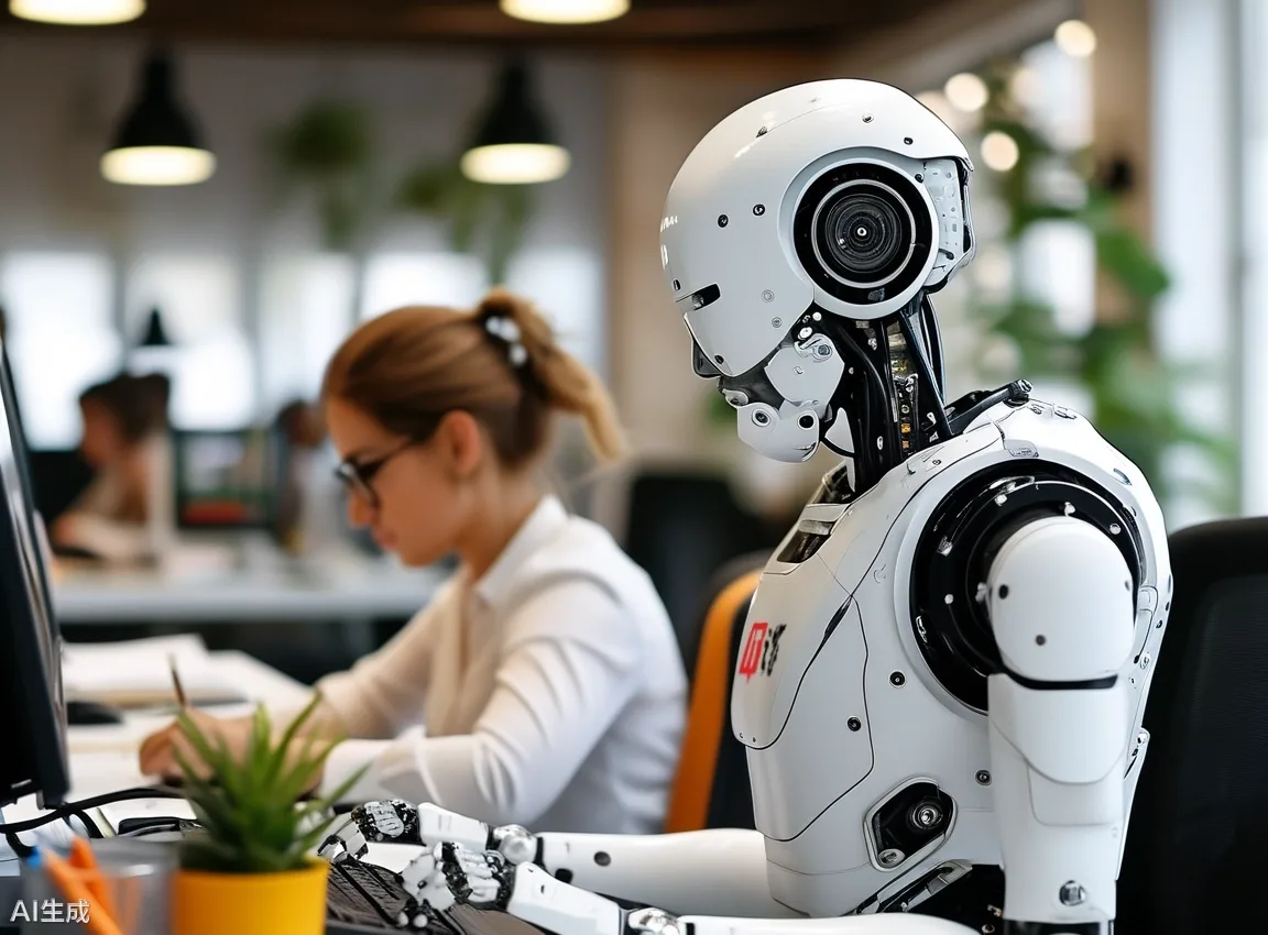 Robot interacționând cu o persoană într-un birou modern.